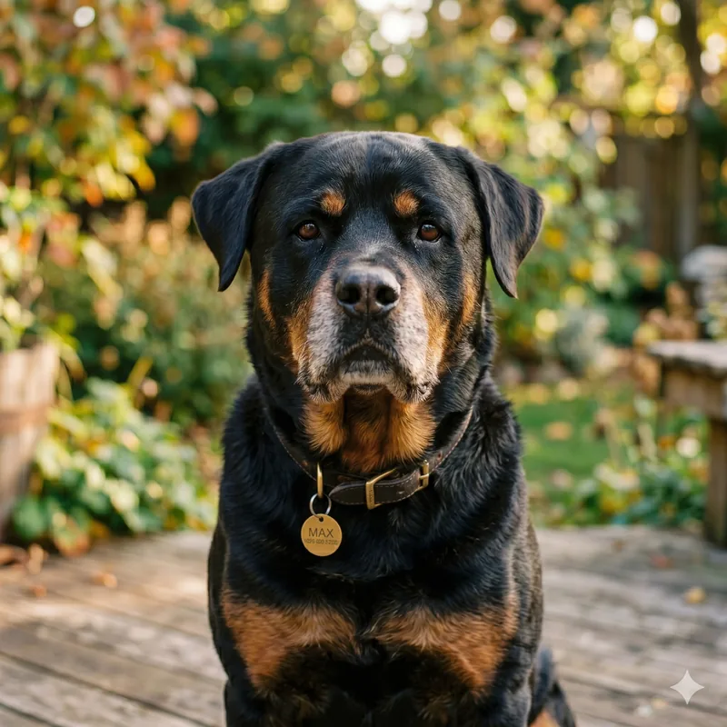 A happy dog mid-walk, looking up at its owner